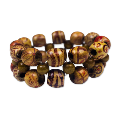 Wood beaded stretch bracelet, 'Bohemian Complexity' - Three-Layer Wood Beaded Stretch Bracelet from Ghana
