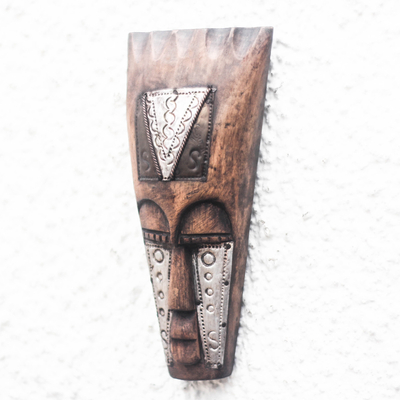 African wood mask, 'Shining Adom' - Unique African Wood Mask Accented by Aluminum and Copper