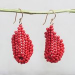 Recycled plastic beaded dangle earrings, 'Red Curve' - Red Recycled Plastic Beaded Dangle Earrings from Ghana