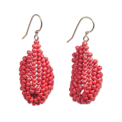 Recycled plastic beaded dangle earrings, 'Red Curve' - Red Recycled Plastic Beaded Dangle Earrings from Ghana
