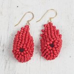 Recycled plastic beaded dangle earrings, 'Red Curve' - Red Recycled Plastic Beaded Dangle Earrings from Ghana