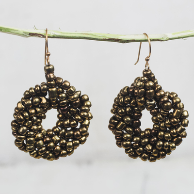 Recycled plastic beaded dangle earrings, 'Golden Woman' - Gold-Tone Recycled Plastic Beaded Dangle Earrings from Ghana