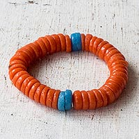 Recycled Plastic Beaded Stretch Bracelet in Orange and Blue,'Eco Orange'