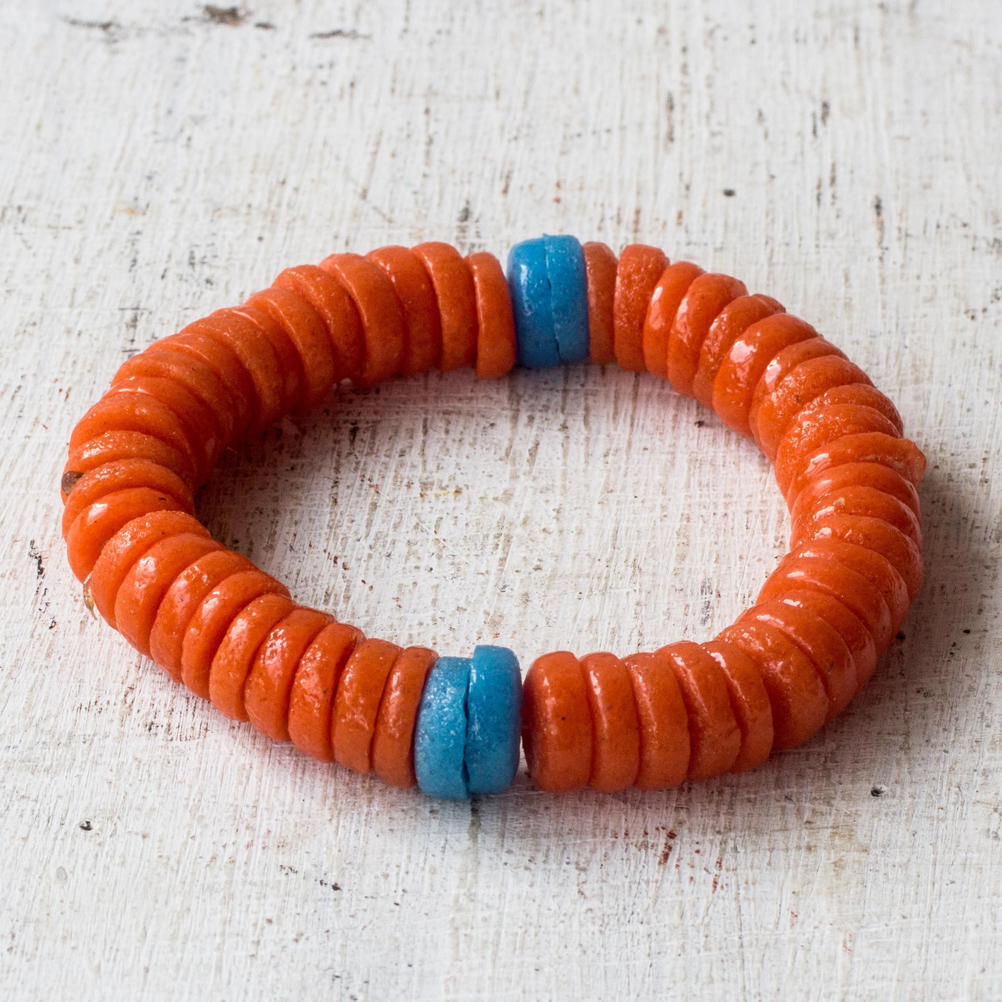 Recycled Plastic Beaded Stretch Bracelet in Orange and Blue Eco