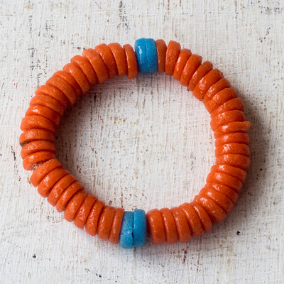 Recycled plastic beaded stretch bracelet, 'Eco Orange' - Recycled Plastic Beaded Stretch Bracelet in Orange and Blue