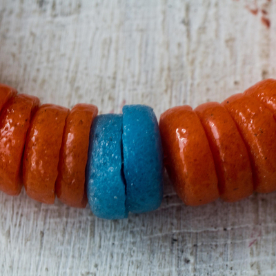 Recycled plastic beaded stretch bracelet, 'Eco Orange' - Recycled Plastic Beaded Stretch Bracelet in Orange and Blue