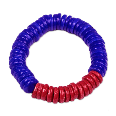 Recycled plastic beaded stretch bracelet, 'Adepa' - Red and Blue Recycled Plastic Beaded Stretch Bracelet