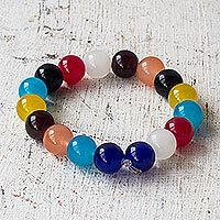 Glass beaded stretch bracelet, 'Rainbow Nkunim' - Colorful Recycled Glass Beaded Stretch Bracelet from Ghana