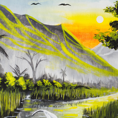 'The Riches of the African Land' - Signed African Mountainside Landscape Painting from Ghana