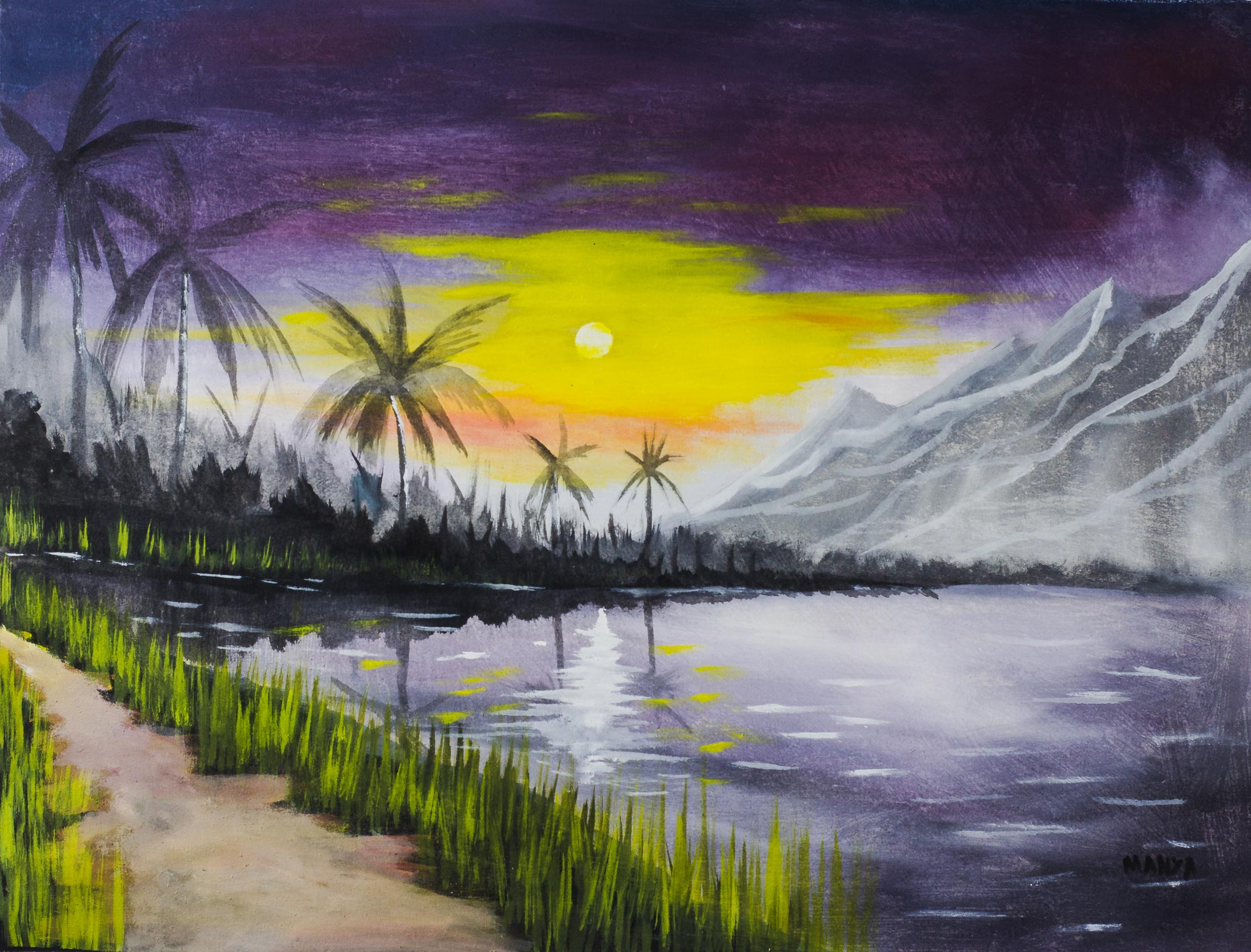 Painting on canvas - the river sunset landscape. Illustration art work  Stock Photo - Alamy