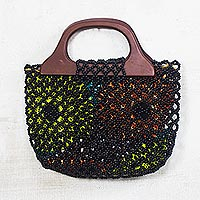 Glass beaded handle handbag, 'Love Beads' - Black Glass Beaded Handle Handbag from Ghana