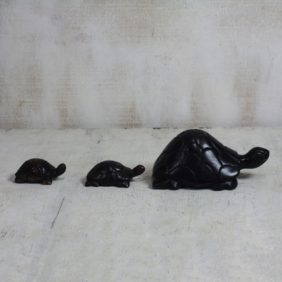 Ebony wood figurines, 'Follow Mommy' (set of 3) - Ebony Wood Tortoise Figurines from Ghana (Set of 3)