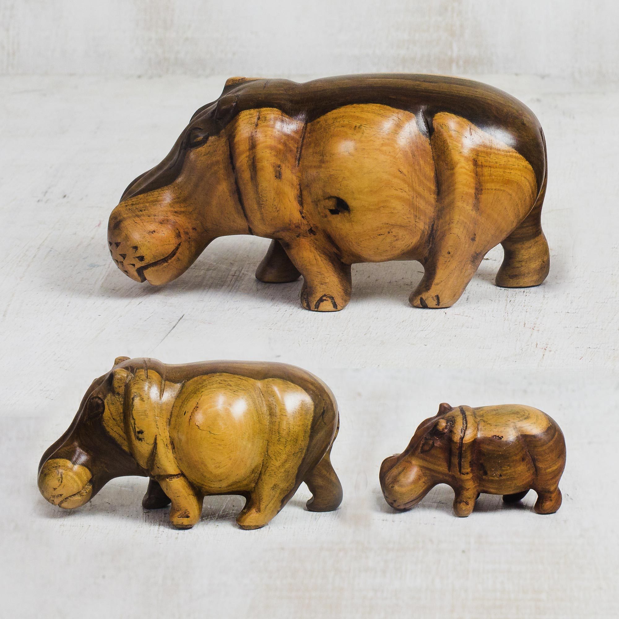 HandCarved Teak Wood Hippo Figurines from Ghana (Set of 3) Family of