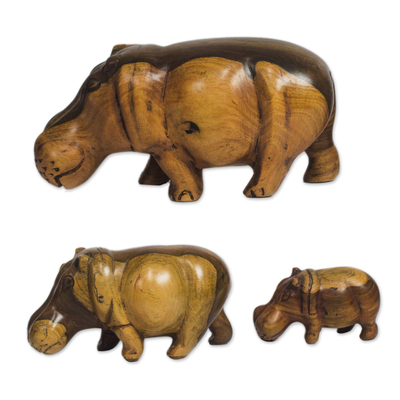 Hand-Carved Teak Wood Hippo Figurines from Ghana (Set of 3)