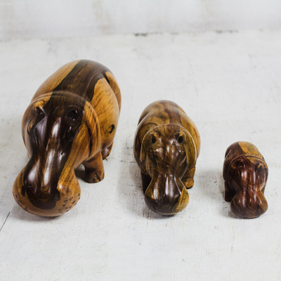 Holzfiguren, (3er-Set) - Handgeschnitzte Nilpferdfiguren aus Teakholz aus Ghana (3er-Set)