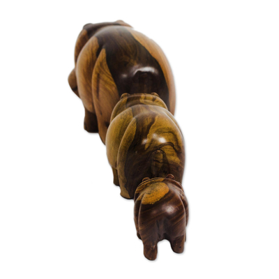 Wood figurines, 'Family of Hippos' (set of 3) - Hand-Carved Teak Wood Hippo Figurines from Ghana (Set of 3)