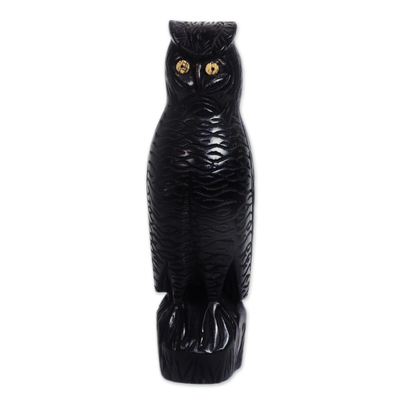Ebony wood sculpture, 'Black Owl' - Ebony Wood Owl Sculpture in Black from Ghana