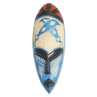 African wood mask, 'Courageous Ohene in Blue' - Blue and Cream Courageous King Wood African Wall Mask