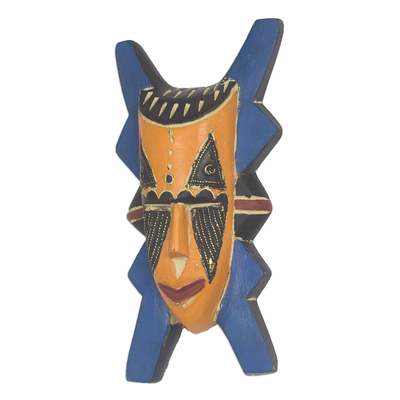 Wood African mask, 'Bibawa' - Blue and Orange Hand Carved Wood African Goodness Wall Mask