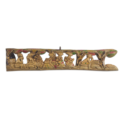Reliefplatte aus Holz - Handgeschnitzte Holzrelieftafel eines afrikanischen Dorfes