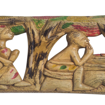 Reliefplatte aus Holz - Handgeschnitzte Holzrelieftafel eines afrikanischen Dorfes