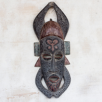 African wood mask, 'Adinkra Festival' - Sankofa Symbol African Sese Wood Mask from Ghana