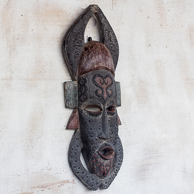 Máscara de madera africana, 'Festival Adinkra' - Símbolo Sankofa Máscara de madera africana Sese de Ghana