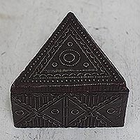 Aluminum and wood decorative box, 'Triangle Delight' - Triangular Embossed Aluminum and Wood Decorative Box