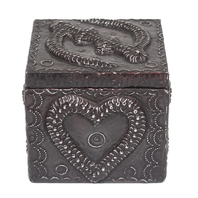 Aluminum and wood decorative box, 'Adinkra Secret' - Adinkra Pattern Aluminum and Wood Decorative Box from Ghana