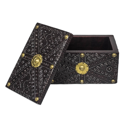 Aluminum and wood decorative box, 'Secret Patterns' - Aluminum Brass and Wood Decorative Box from Ghana