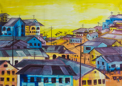 'Population' - Signed Expressionist Cityscape Painting from Ghana