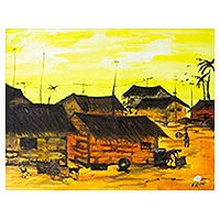 'Village Scene I' - Signed Village Scene Landscape Painting from Ghana