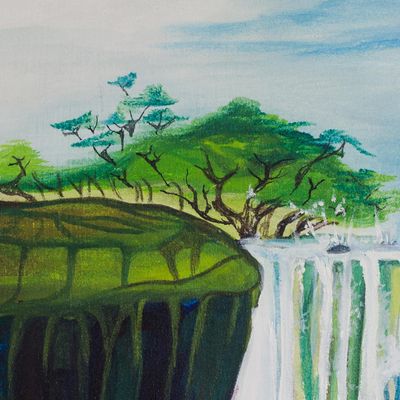'Water Falls' - Signed Expressionist Painting of a Waterfall from Ghana