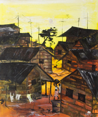 „Dorfszene II“. - Signierte expressionistische Dorfmalerei aus Ghana