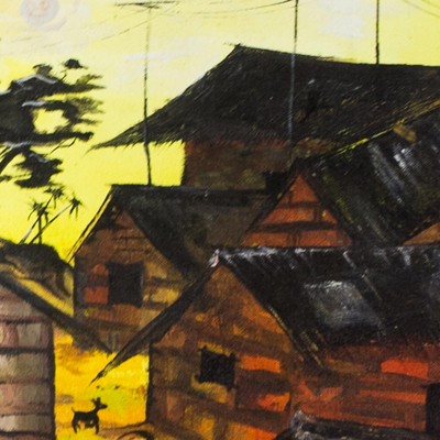 „Dorfszene II“. - Signierte expressionistische Dorfmalerei aus Ghana
