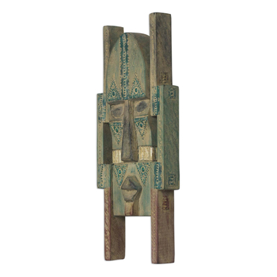 African wood mask, 'Atanfo Nye Nyame' - Rustic African Wood Mask in Green and Beige from Ghana