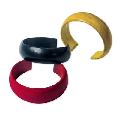 Red Black Yellow Leather Cuff Bracelet Trio (Set of 3)