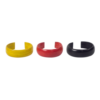Leather cuff bracelets, 'Annula' (set of 3) - Red Black Yellow Leather Cuff Bracelet Trio (Set of 3)