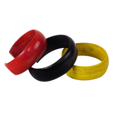 Leather cuff bracelets, 'Annula' (set of 3) - Red Black Yellow Leather Cuff Bracelet Trio (Set of 3)