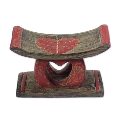 Wood mini stool, 'Beautiful Love' - Heart Motif Wood Mini Stool from Ghana