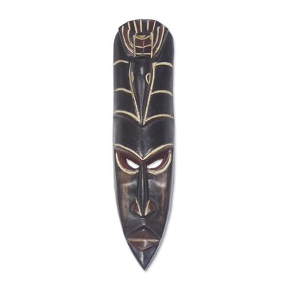 Bird-Themed African Wood Mask in Black from Ghana