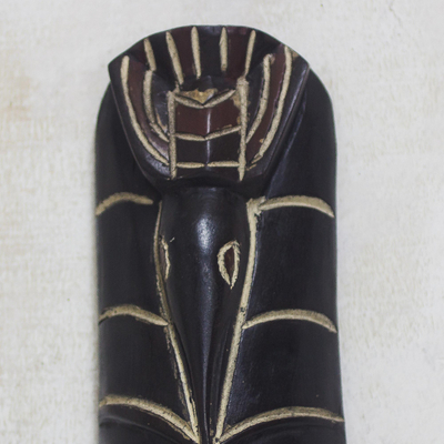 African wood mask, 'Black Bird' - Bird-Themed African Wood Mask in Black from Ghana