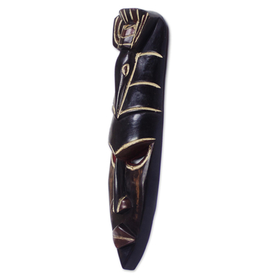 African wood mask, 'Black Bird' - Bird-Themed African Wood Mask in Black from Ghana