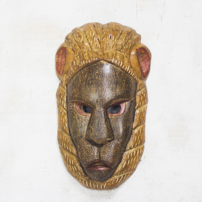 African wood mask, 'Brown Lion' - Handmade Brown African Wood Mask from Ghana