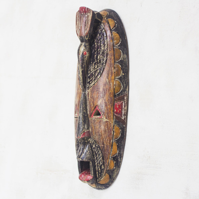 African wood mask, 'Oval Bird Head' - Bird-Themed Distressed African Wood Mask from Ghana
