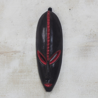 African wood mask, 'Cocoa' - African Wood Mask in Black and Red from Ghana