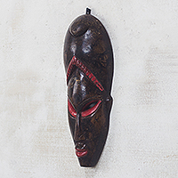 African wood mask, 'Reverent Man' - Brown and Red African Wood Wall Mask from Ghana