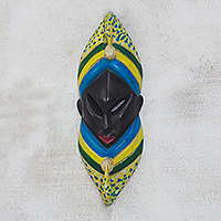 African wood mask, 'Colorful Sankofa' - Adinkra-Themed African Wood Wall Mask from Ghana