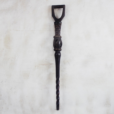 Wood walking stick, 'Walk of Life' - Hand-Carved Sese Wood Walking Stick from Ghana