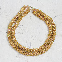 Recycled plastic bead necklace, 'Captured Enchantment' - Handcrafted Golden Recycled Beads Double Strand Necklace